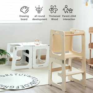 <b>Toddler</b> Montessori Foldable Learning Step <b>Stool</b> With Blackboard And Anti-tip Structure Wooden Kitchen Helper for 1-5 Year - Product Image 4