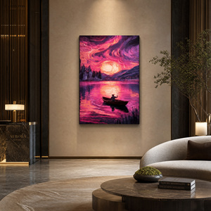 Stampa Giclée <span class=keywords><strong>su</strong></span> <span class=keywords><strong>Tela</strong></span> in Poliestere 30x40cm, Tramonto Viola sul Lago con Pescatore, Stile <span class=keywords><strong>Van</strong></span> <span class=keywords><strong>Gogh</strong></span>, Arte Murale Digitale HD Non Tenduta - Product Image 4
