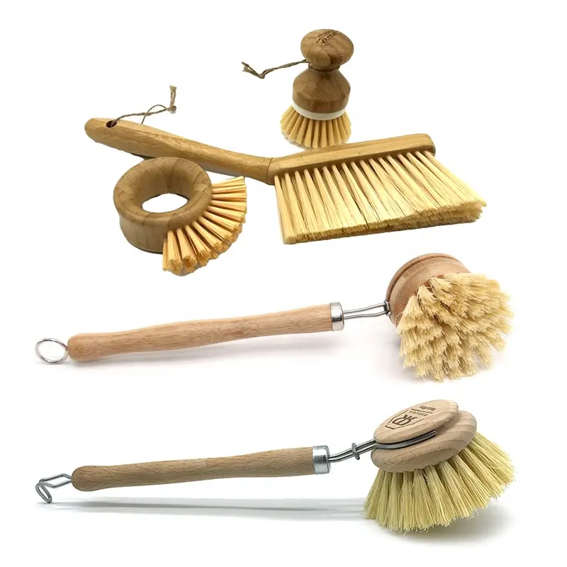 Eco-Friendly Natural Wooden Cleaning Scrubber Brush Reusable Bamboo Wood Sisal Kitchen Pot Pan Dish Cleaning Brush Set