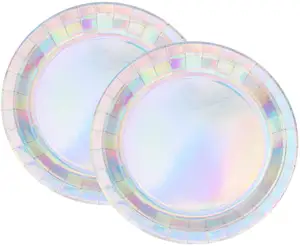 Factory Production Holographic Rainbow Silver Round Disposable Dinner Paper Plates Iridescent Paper Plates iridescent plates