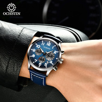 Montre-bracelet OCHSTIN pour homme, luxe, cuir véritable, aiguilles lumineuses, quartz, jour/date, rétro, vintage, chronographe, 42 mm