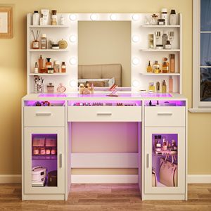 Coiffeuse moderne avec miroir éclairé 43,3 po de large, en MDF blanc, meuble de rangement de chambre avec tiroirs et étagères - Product Image 1