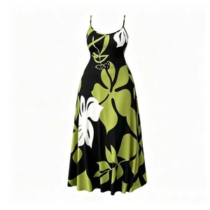 Abito Lungo Estivo da Donna con Spalline Sottili, Stampa Floreale Nera e Verde, Scollo a V, Linea ad A, Senza Maniche, per Vacanze e Occasioni Casual - Product Image 3