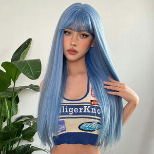Usine Livraison Rapide Bleu Gris Highlight Cosplay Cheveux Synthétiques Perruques Longue Ligne Droite Coloré <span class=keywords><strong>Halloween</strong></span> <span class=keywords><strong>Perruque</strong></span> avec Frange pour les Femmes - Product Image 2