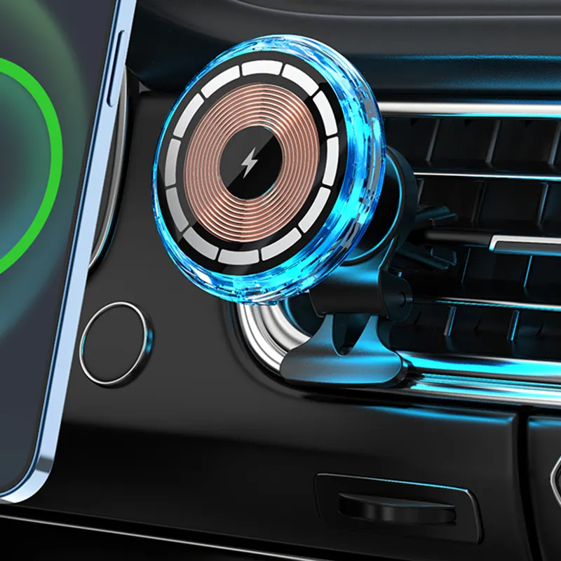 अनोखी कार चार्जर एयर वेंट माउंट पारदर्शी चुंबक मिनी 15W चुंबकीय एप्पल के लिए चार्जर के साथ एलईडी रोशनी