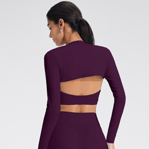Haut de sport pour femmes, nouveau style, logo personnalisé, léger, manches longues, boléro, vêtements de yoga, <span class=keywords><strong>noir</strong></span>, rouge, violet, manches longues - Product Image 5