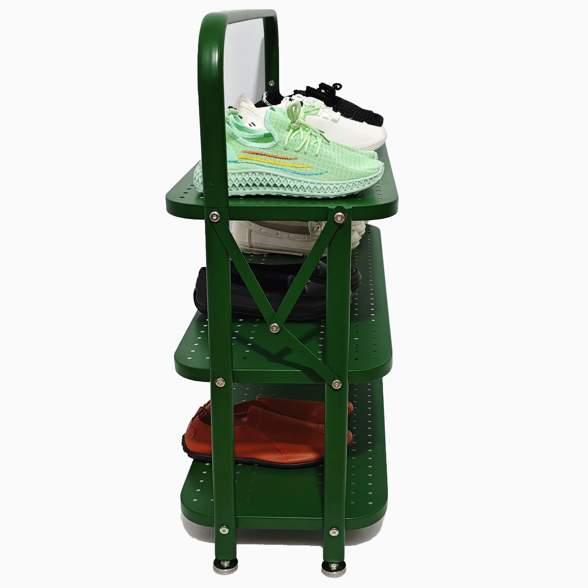 Metal Shoes Display Racks Foldable 3-Tier Stand with Green Shelf Adjustable Feet Custom Logo for Advertising — view 4