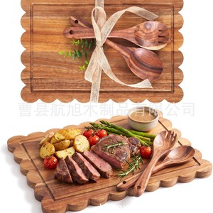Planche à découper rectangulaire double face en bois d'acacia Hangxu, antidérapante, facile à nettoyer, ensemble de blocs de découpe pour la cuisine - Product Image 4