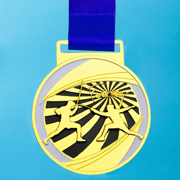 リボン付きゴールドメッキカスタムメイド3Dメタルシューティングフェンシング格闘技メダル