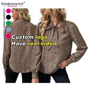 Bán Buôn Tie Thiết Kế Hàng Đầu Làm Việc Thanh Lịch Voan V Cổ Áo Cánh Lỏng Lẻo Brown Leopard In Áo Sơ Mi Dài Tay Áo Áo Cho Phụ Nữ