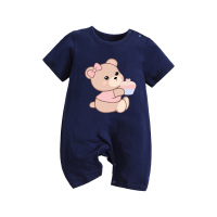 Romper Bayi Summer Infant Motif Beruang Kecil Biru Tua 100% Katun Lengan Pendek Kancing Tekan di Selangkangan Pakaian Bayi Romper