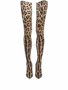 Bottes Léopard Montantes Classiques à Bout Effilé en Peau de Chèvre avec Talon Aiguille Haut, Motifs Logo, Bottes Cuissardes pour Femme - Product Image 6