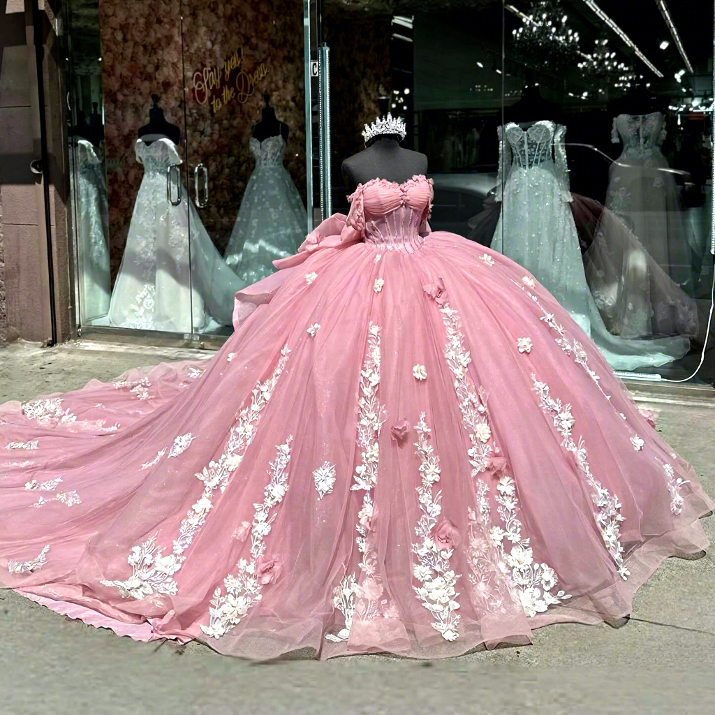 fifteen birthday dresses Off Shoulder 3D Appliques Ball Gown Quinceanera Dress For 15 Birthday –  Simplepromdress main image 1