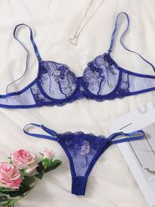 Conjunto de lencería Sexy de tela de <span class=keywords><strong>Web</strong></span> para chica, sujetador de corte bajo con bonito bordado, bragas sexuales - Product Image 6