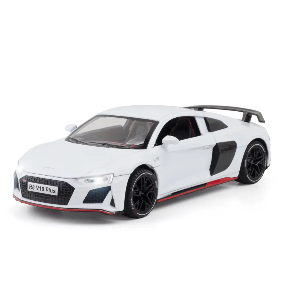 ダイキャストおもちゃモデルカー1:24アウディR8V10音と光のプルバックドアが開いた装飾が金属製の車モデルのおもちゃを飾る