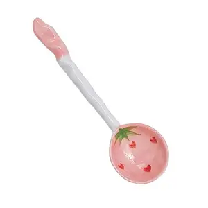 3D Flower Ceramic Milk Best Price For Gril Cute Pink Strawberry Coffee Long Handle Dessert Ice Spoon Customized Logo