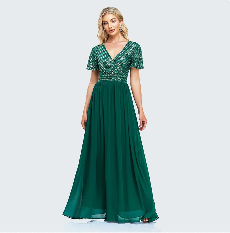 A-line V-neck Sequin Chiffon Plus Size Long Evening Dresses Elegant Woman Sleeve Formal Party Turquoise Bridesmaid Dress