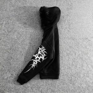 เสื้อฮู้ดดี้โอเวอร์ไซส์แบบมีปกขนสัตว์ ดีไซน์โกธิคสั่งทำพิเศษ พิมพ์ลาย DTG สไตล์สตรีทแวร์ ทรงหลวม ไหล่ตก แบบครอป ซิปหน้า สำหรับผู้ชาย - Product Image 3