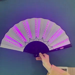 Hot Sales Customized Logo Black Bamboo Bone Hand Fan with Colorful LED Light Men's Painted rave hand Fan Dance Photography