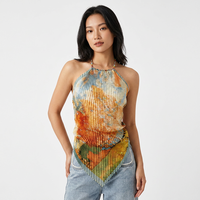 Débardeur court formel d'été pour femme en satin, à col licou et col cranté, dos nu, imprimé floral artistique effet peinture à l'huile et motif froissé
