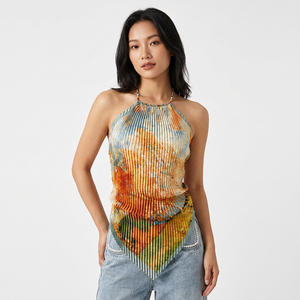 Artistic Floral Oil Painting Satin Formal Summer Short Crop Halter Neck Tank <b>Top</b> Backless Wrinkles Print Sexy Breathable - Product Image 3
