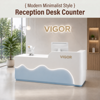 Bureau d'accueil moderne et créatif blanc mat avec panneau ondulé bleu et bande LED pour hall d'entreprise, service OEM ODM personnalisé