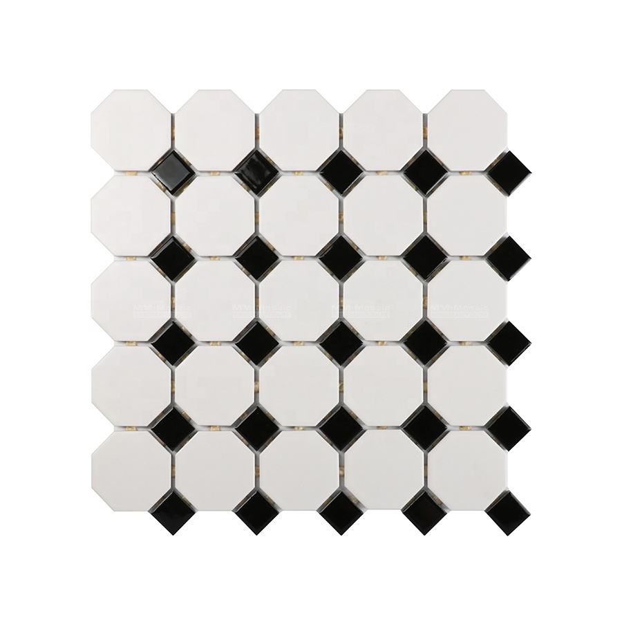 2" Dot Joint Black White Ceramic Octagonal Premium Mosaics Tile For Floor Wall Kitchen Bathroom Shower