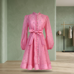 Pink Lace Knitted A-Line Dress Stand Collar Lantern Sleeves Rhinestone Buttons Natural Waist Sweet Style <b>Maxi</b> Length Breathable - Product Image 3
