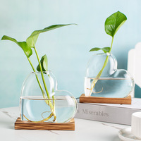 Pot de fleurs hydroponique en verre sur base en bois Art Déco créatif, design artistique, écologique, ornement de bureau pour la maison et le bureau
