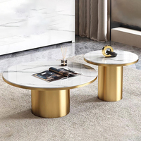 Table basse en acier doré avec plateau en pierre, table basse ronde moderne et luxueuse, ensemble de tables basses de designer, vente en gros, ensemble de tables basses pour salon