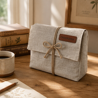 Pochette en lin double couche avec étiquette en cuir PU et nœud en corde de jute pour emballage cadeau, cadeau de mariage, ou étui à cosmétiques