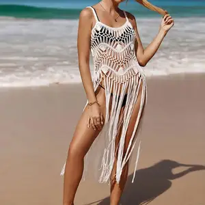 2024 Beach Vacation Sexy Hand Crochet Cover Up Hollow Tassel Knit Dress Summer Swim Bikini Blouse Skirt Beach Cover Up 2024