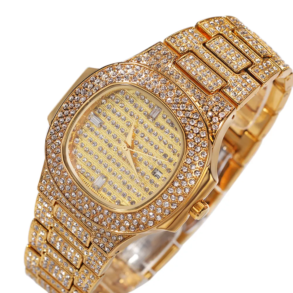 Yeni lüks Hip Hop moda erkek saati kayış elmas çivili takvim öğrenci kuvars kol saati toptan