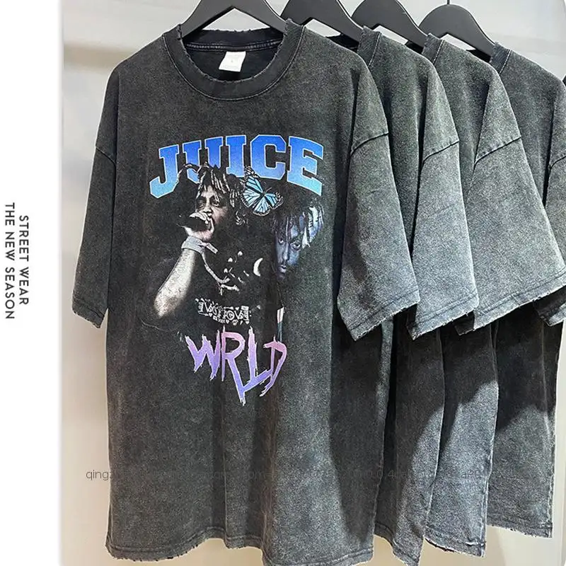 Dtg Digital Printed Acid Washed pattern T-shirt Distressed Men Streetwear Black Custom Graphic Vintage Distressed T Shirts