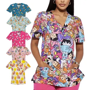 Paisley Print Custom Scrubs Design Stretch Nursing Scrubs Impressão Abstrata Top V-Neck Print Scrub Tops para As Mulheres