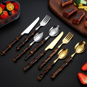 Juego de cubiertos de acero inoxidable de 24 piezas con mango de bambú, cubiertos dorados para mesa, vajilla para el hogar, hotel, juego de regalo. - Product Image 4