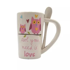 แก้วกาแฟเซรา<span class=keywords><strong>ม</strong></span>ิกลายนกฮูกพร้อ<span class=keywords><strong>ม</strong></span>ช้อนถ้วยชาลายการ์ตูนรูปนกฮูกน่ารักแบบมีรอยจูบและรัก - Product Image 1