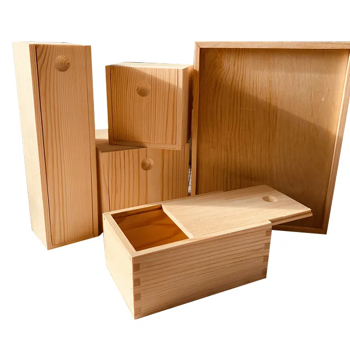 Kotak penyimpanan kenang-kenangan bambu alami menampilkan kotak kerajinan kayu tutup geser untuk hadiah kustom kotak penyimpanan kemasan kayu grosir