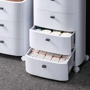 Mesita de Noche Blanca multicapa, encimera de madera para dormitorio, cajón de plástico, armario de almacenamiento con rueda - Product Image 6