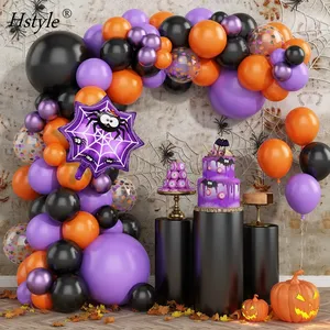 104PCS万圣节气球花环拱形套件黑色橙色紫色乳胶气球万圣节派对装饰品花环E3161