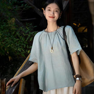 Chemise en <span class=keywords><strong>lin</strong></span> respirante pour femme-Haut à col froissé avec texture transparente - Product Image 1