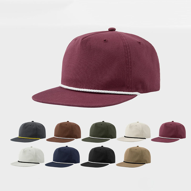 Custom logo 5 Panel Cotton Baseball Snapback Trucker Hats Unstructured Retro Flat Brim Canvas Rope Hat with Custom 3d Stitching