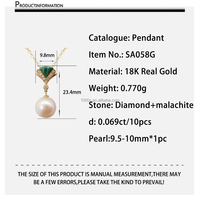 Collier en or rose massif 18 carats avec pendentif perle naturelle et diamant naturel, bijou en malachite