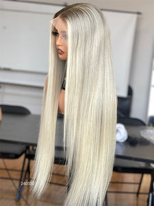 Perruque longue en cheveux humains personnalisée, racines ombrées, perruque blonde, cheveux humains bruts, perruque à dentelle frontale avec nœuds décolorés pour femmes - Product Image 2