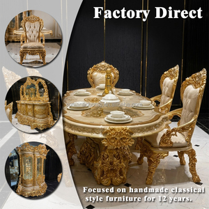 Ensemble de salle à manger classique de luxe doré, <span class=keywords><strong>table</strong></span> <span class=keywords><strong>longue</strong></span> en bois de style baroque français avec buffet et chaises en damassé pour hôtel de luxe - Product Image 2