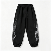 Pantalon de jogging noir à revers élastiques, imprimé graphique Kornit DTG City Spider Web, coutures contrastées, taille à cordon de serrage, style streetwear