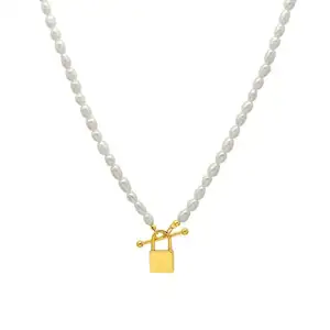 Bijou minimaliste pour femme, collier ras du cou à perles baroques d'eau douce, bijou en acier inoxydable, grande taille, fermoir à bascule en or