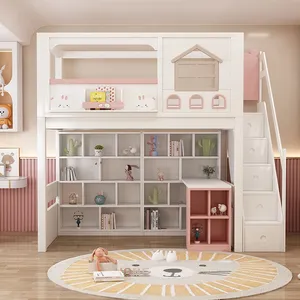 <span class=keywords><strong>Lit</strong></span> superposé moderne JS en bois massif rose pour enfant avec toboggan, escalier, armoire avec rangement et double tiroir pour usage domestique et hôtelier - Product Image 5