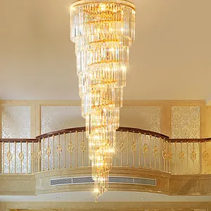 Luxus chrom-beschichteter Shining Hall Kristall-Kronleuchter Gold lang hängende Lichtkörper-Wandelauchte Villa Treppenlicht