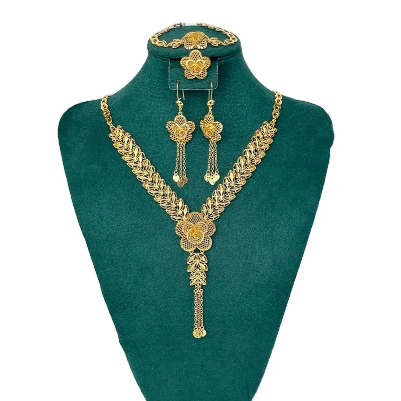 Conjunto de joyería de moda de diseñador de 4 piezas para mujer Dubai Oriente Medio collar de boda y conjunto de pendientes para fiestas
